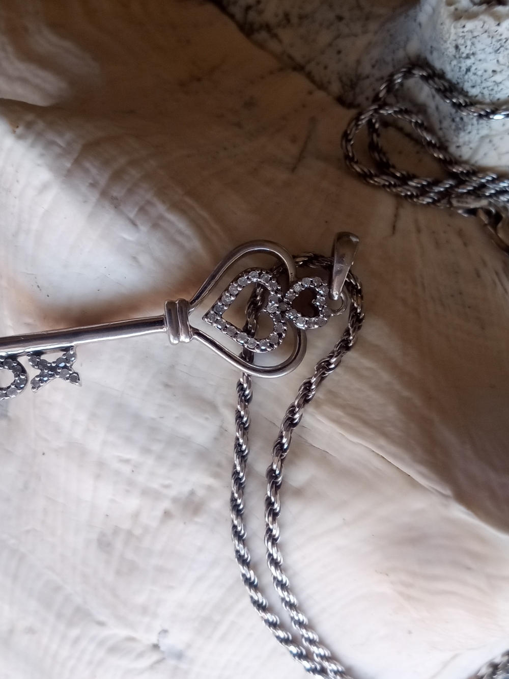 Sterling 925 Silver Heart Key Pendant Necklace with Sparkling Accents